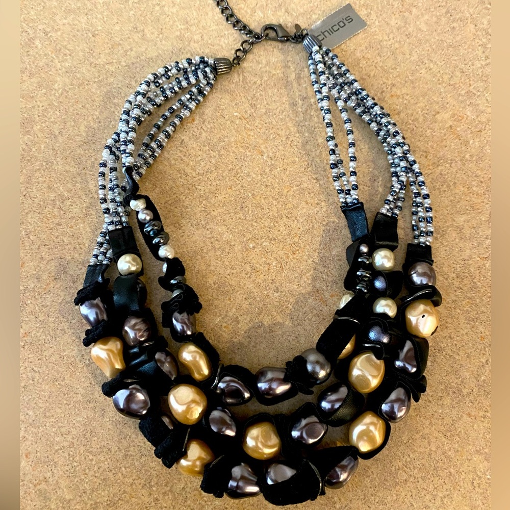 CHICO’S 3 Strand Palomia Black Ribbon Pearl Necklace Adjustable NWT